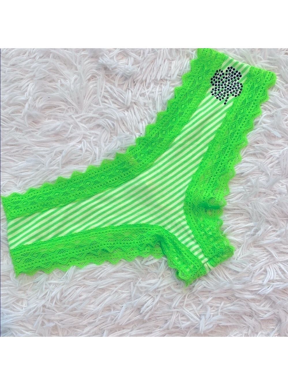 NWT PINK Victoria's Secret clover striped lime Green Lace Trim Underwear